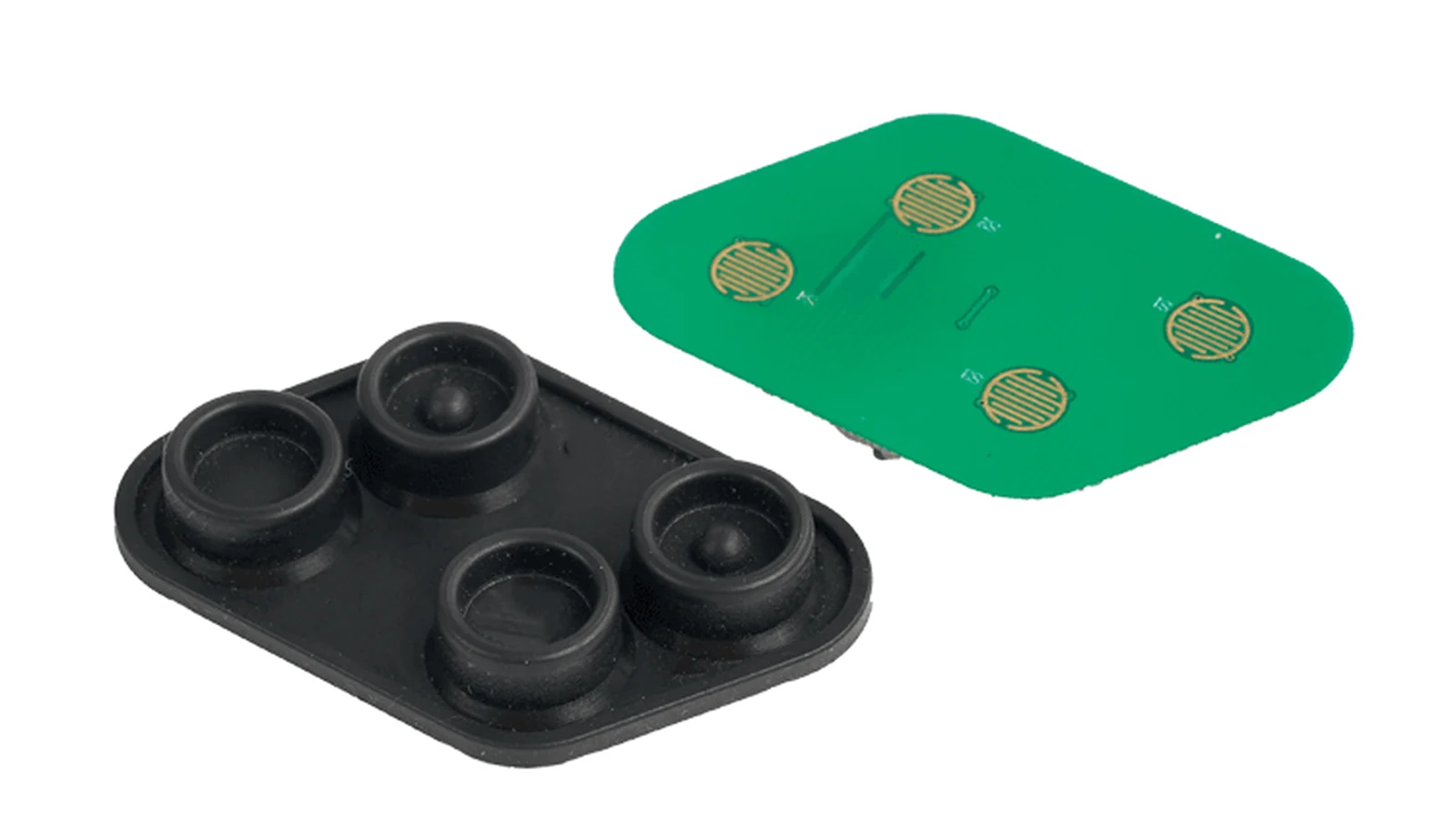 Silicone rubber keypad aligned with a rigid PCB contact layout