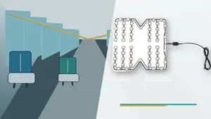 Bus seat occupancy sensor shown beside a conceptual transit bus seating scene