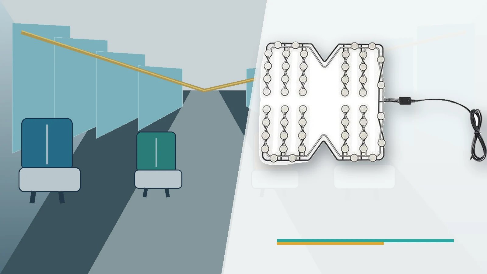 Bus seat occupancy sensor shown beside a conceptual transit bus seating scene