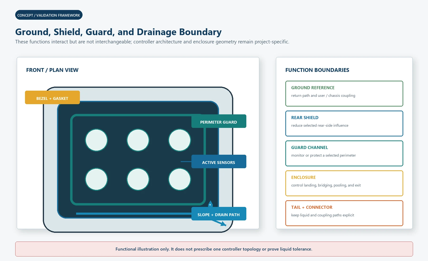 Ground, shield, guard-channel, bezel, gasket, and drainage relationships around a capacitive touch panel