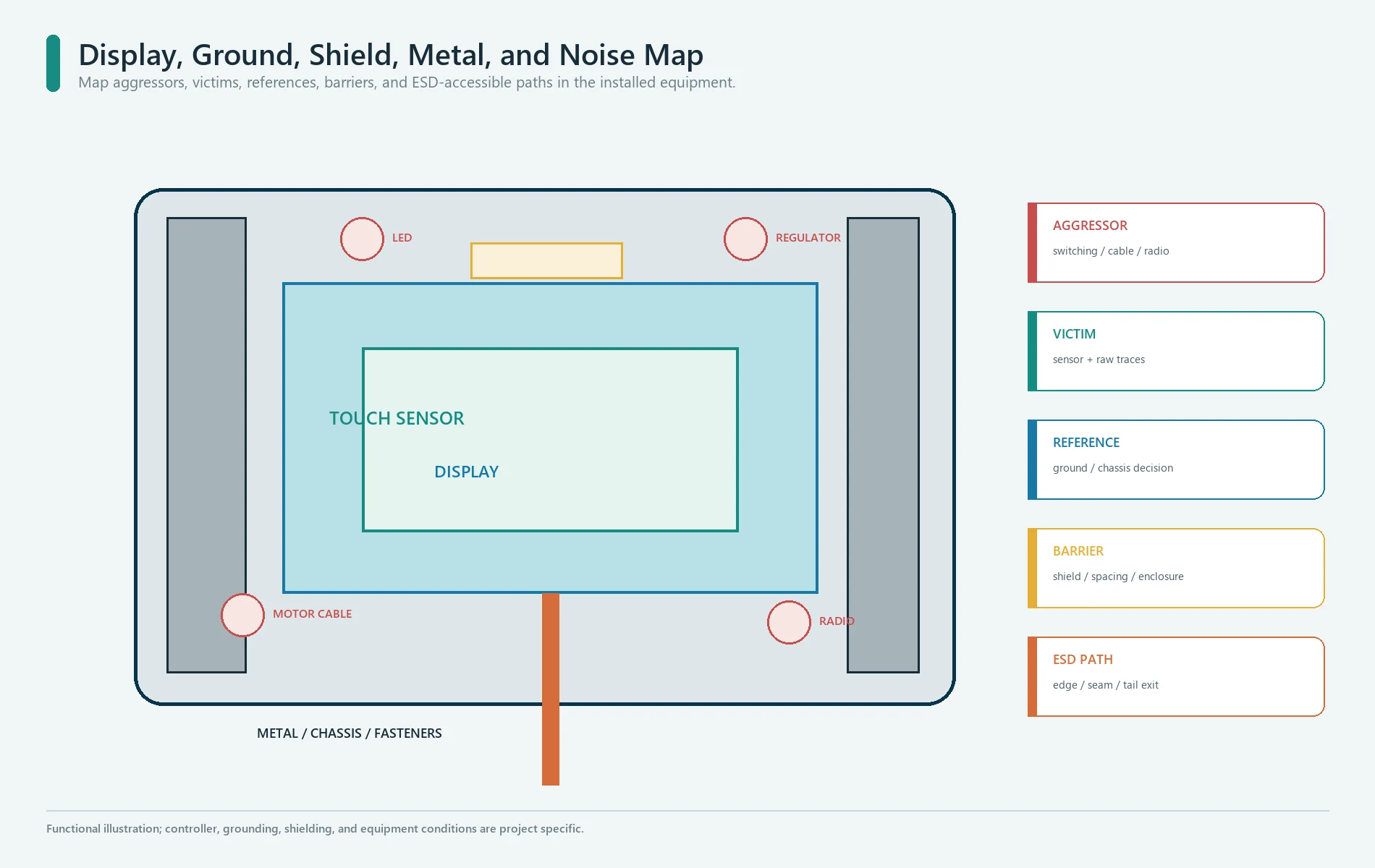 Noise and conductor map around a capacitive touch panel, display, metal bezel, ground, shield, and controller