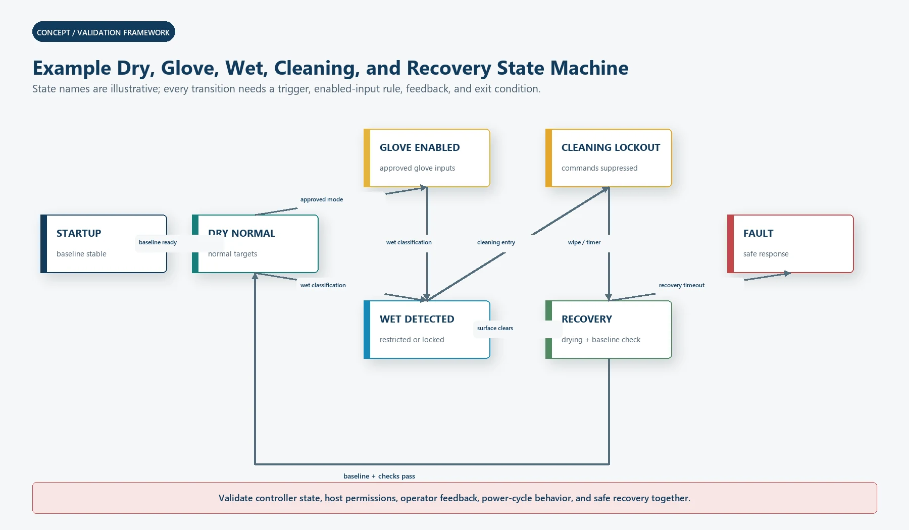 Example capacitive touch state machine for dry, glove, wet, cleaning, recovery, and fault behavior