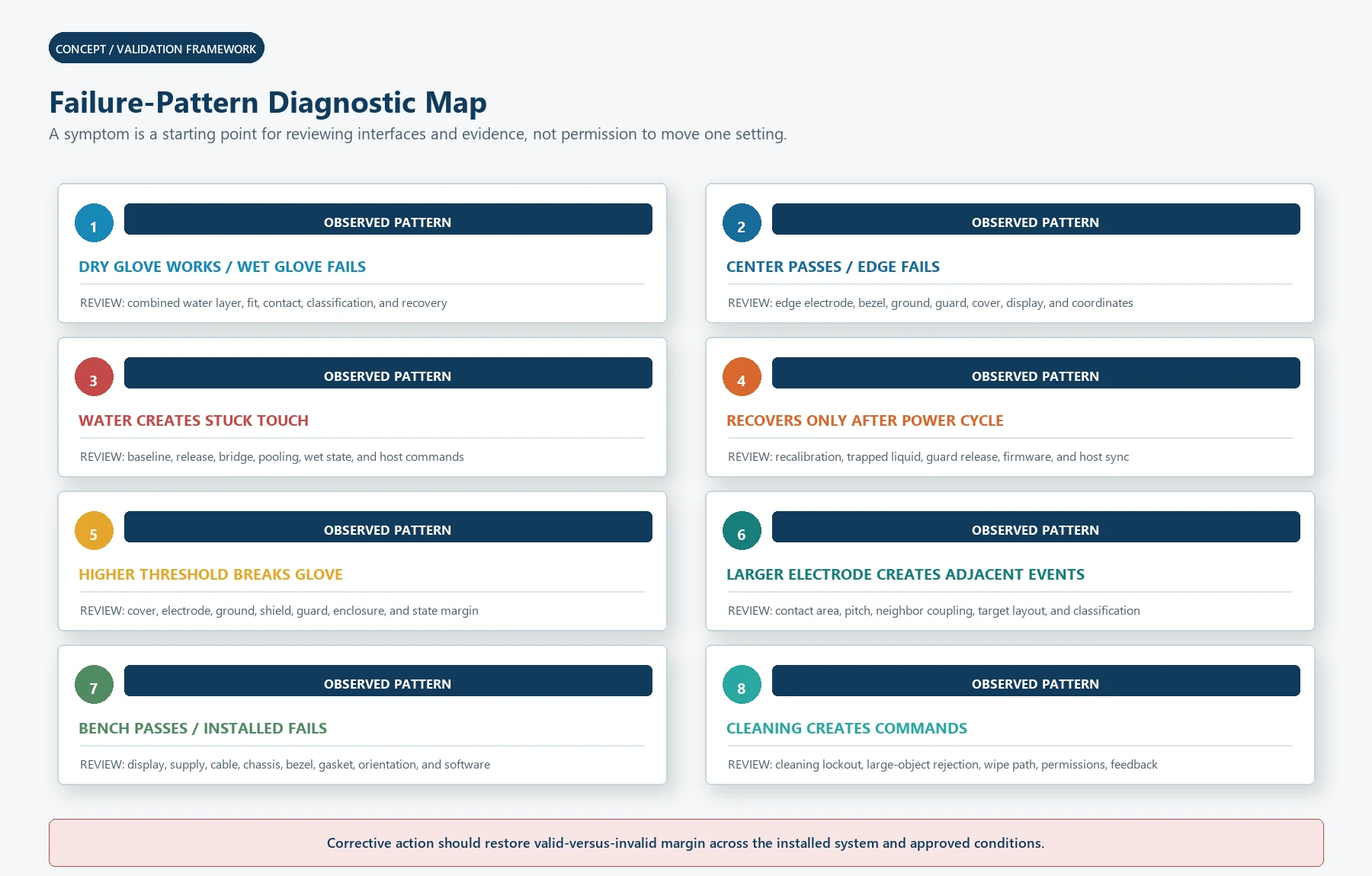 Diagnostic map for common capacitive touch water and glove failure patterns