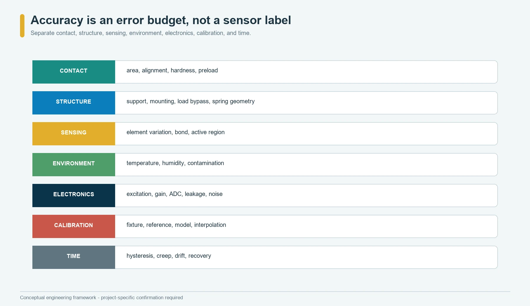 Force-measurement error budget comparing contact, structure, sensing, temperature, electronics, calibration, and time