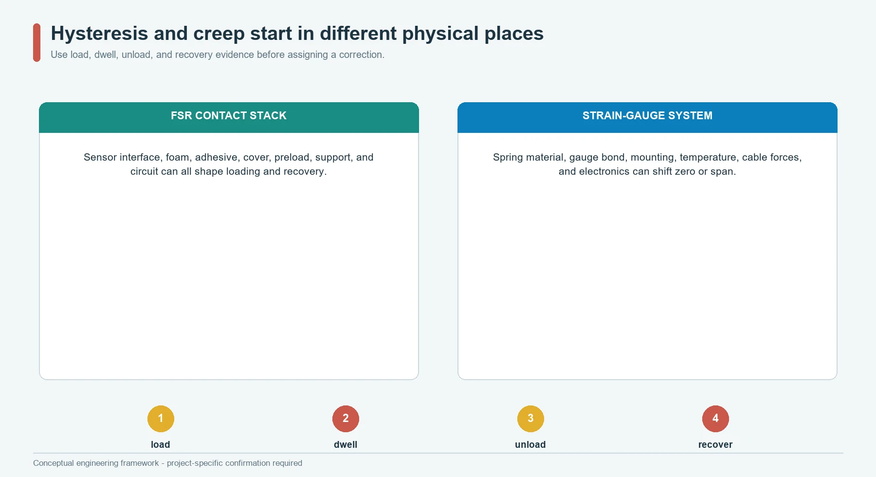 Hysteresis, creep, dwell, unloading, and zero-return sources in FSR and strain-gauge systems