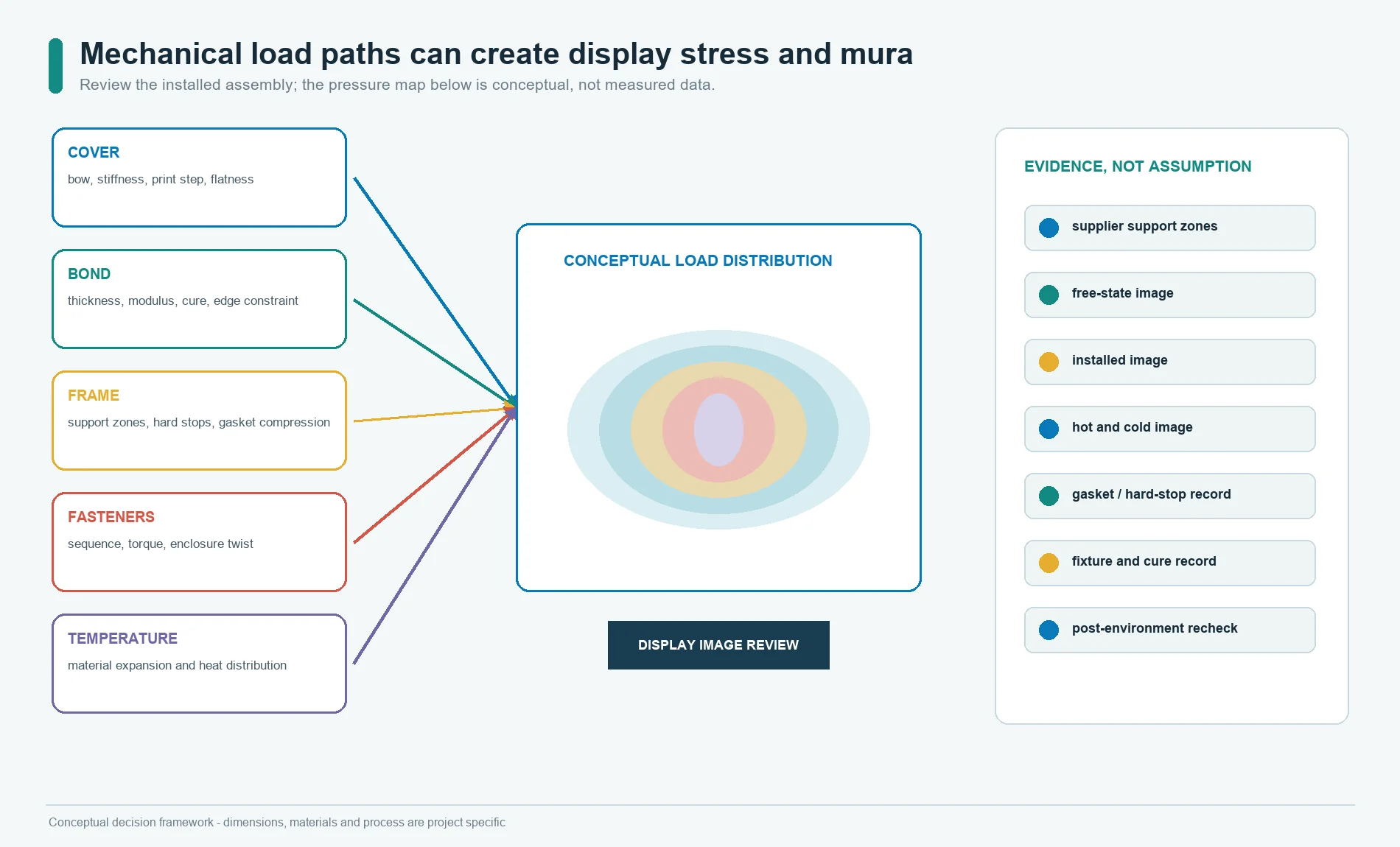 Mechanical load paths that can create display stress and mura after optical bonding