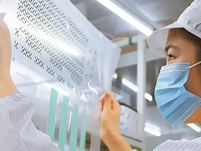 JASPER technician inspecting printed interface sheets in the factory