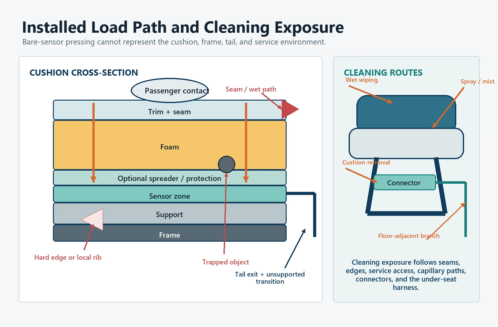 Conceptual bus seat cushion cross-section and cleaning exposure routes around the sensor, tail, connector, harness, and frame