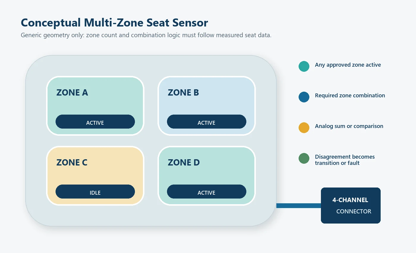 Four-zone flexible seat sensor layout with separate sensing areas and signal traces
