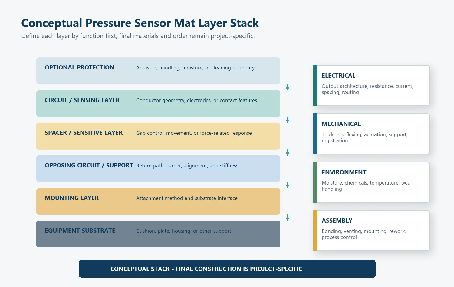 Conceptual pressure sensor mat layer stack with sensing, spacing, bonding, protection, and mounting functions