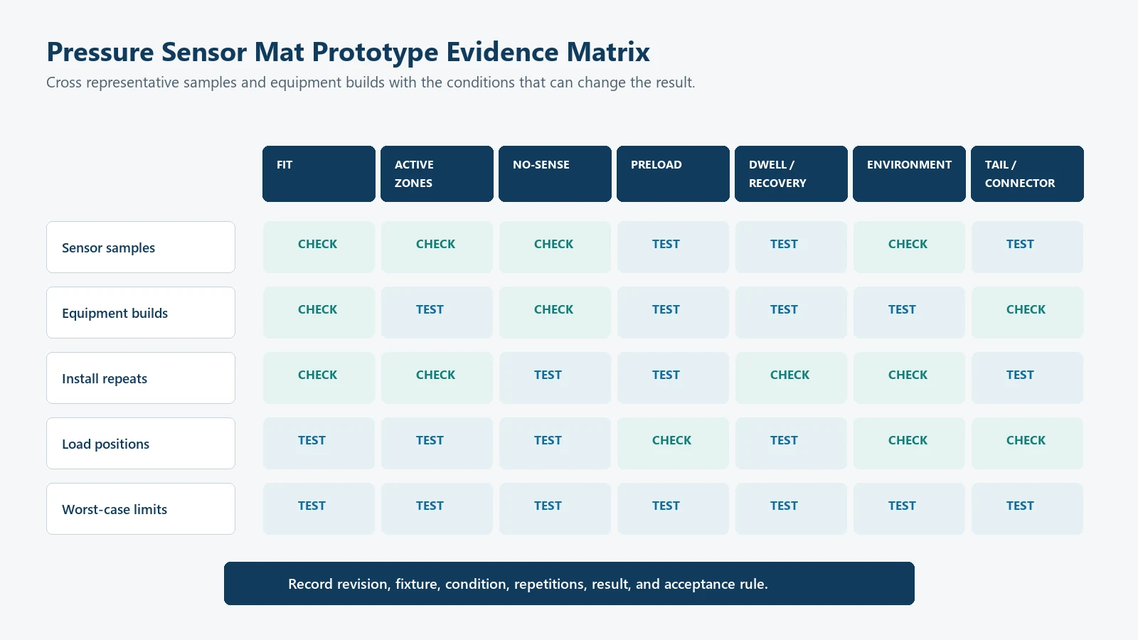 Pressure sensor mat prototype matrix covering geometry, load cases, environment, assembly, and electrical checks