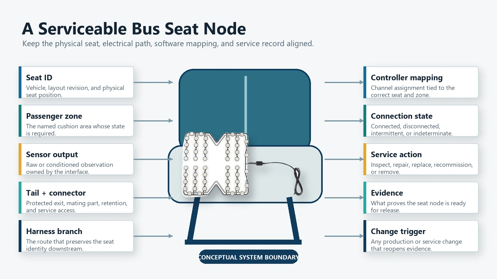 Bus seat node diagram linking passenger zone, sensor, tail, connector, harness branch, controller mapping, service record, and change control