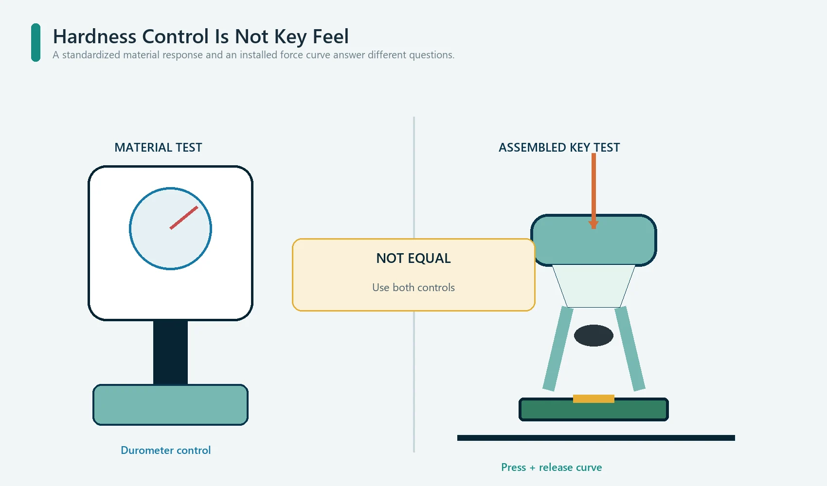 Difference between silicone durometer hardness testing and an assembled keypad force-displacement test