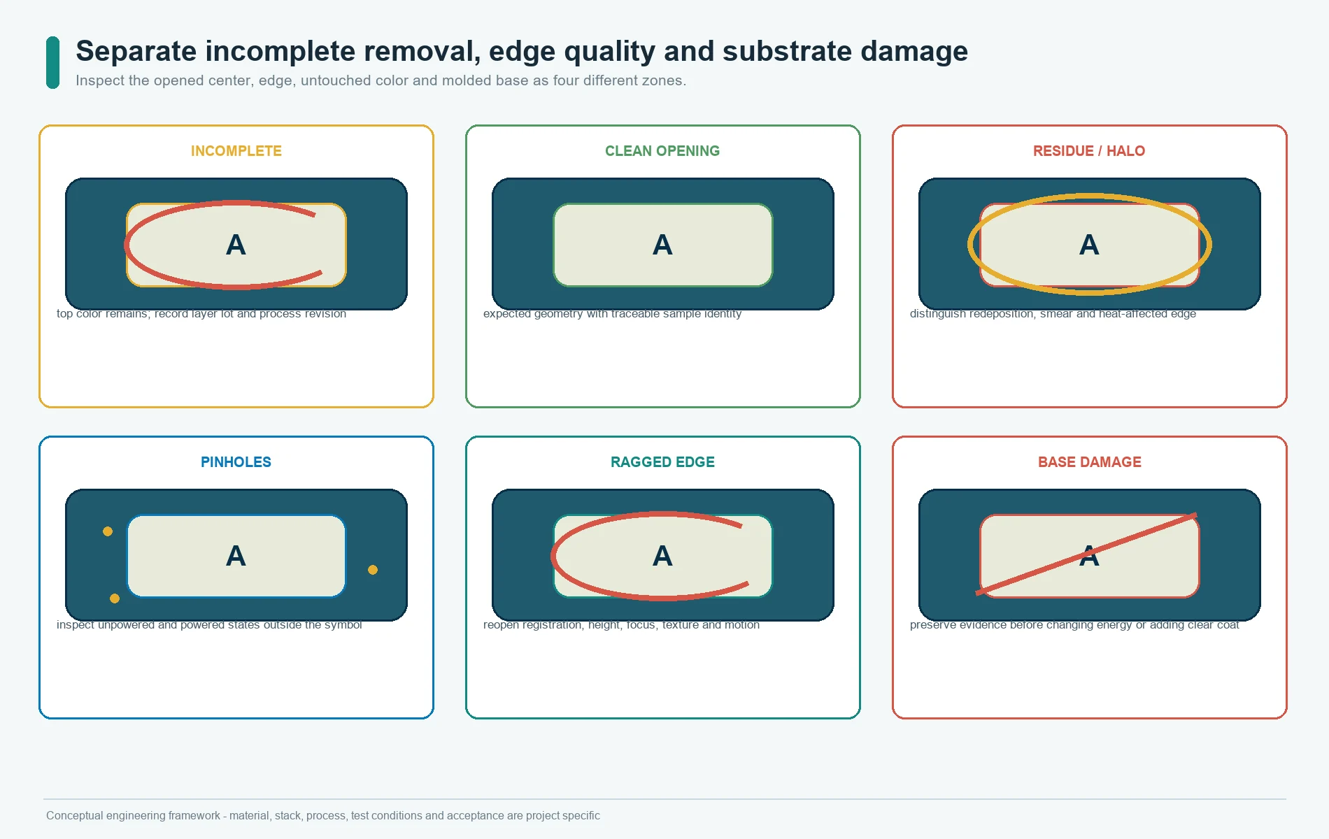 Laser-etched silicone legend observations including incomplete removal, clean edges, residue, halo, pinholes, and substrate damage
