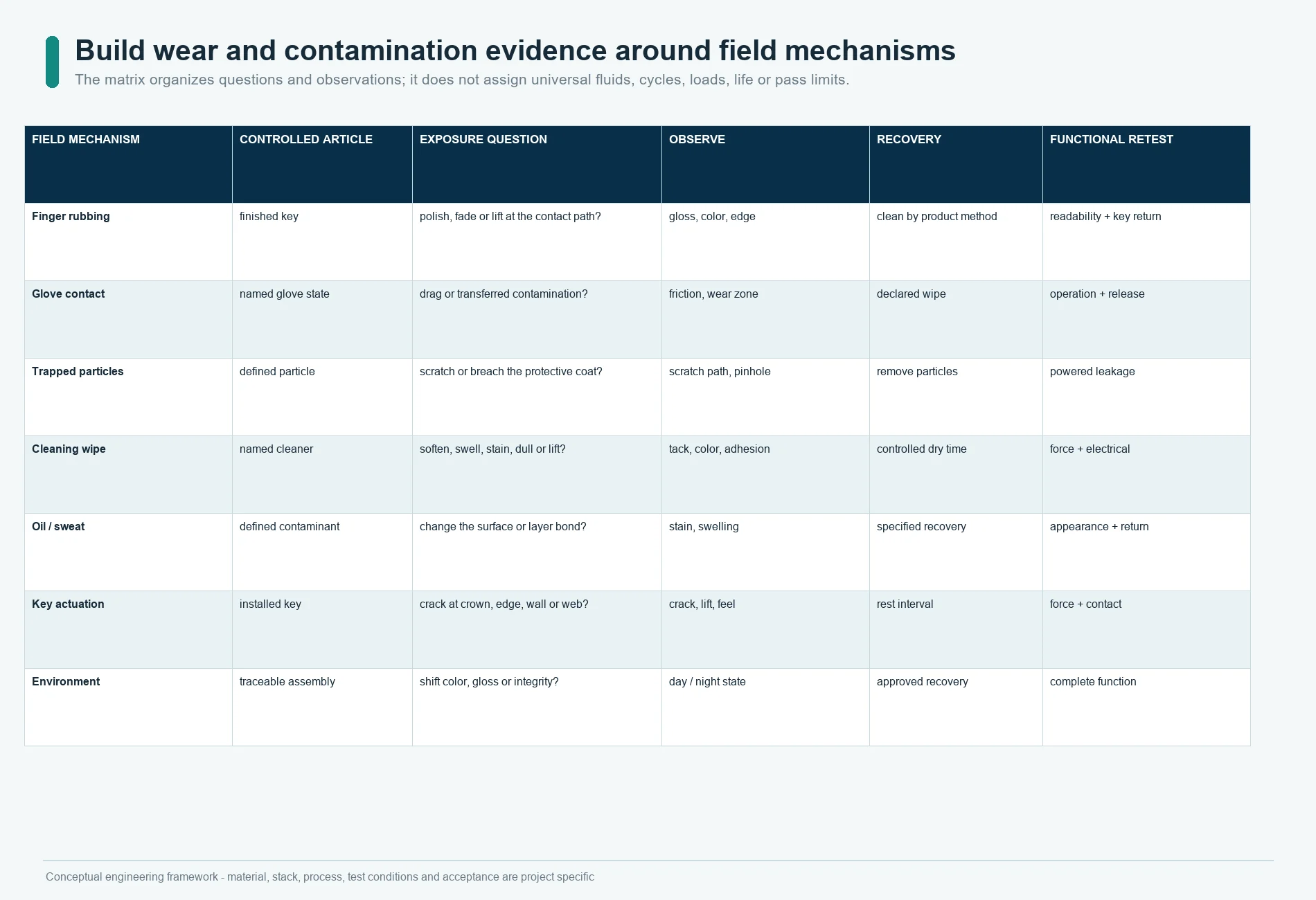 Wear and contamination validation matrix for silicone keypad legends exposed to rubbing, gloves, particles, cleaners, oils, flexing, and environment