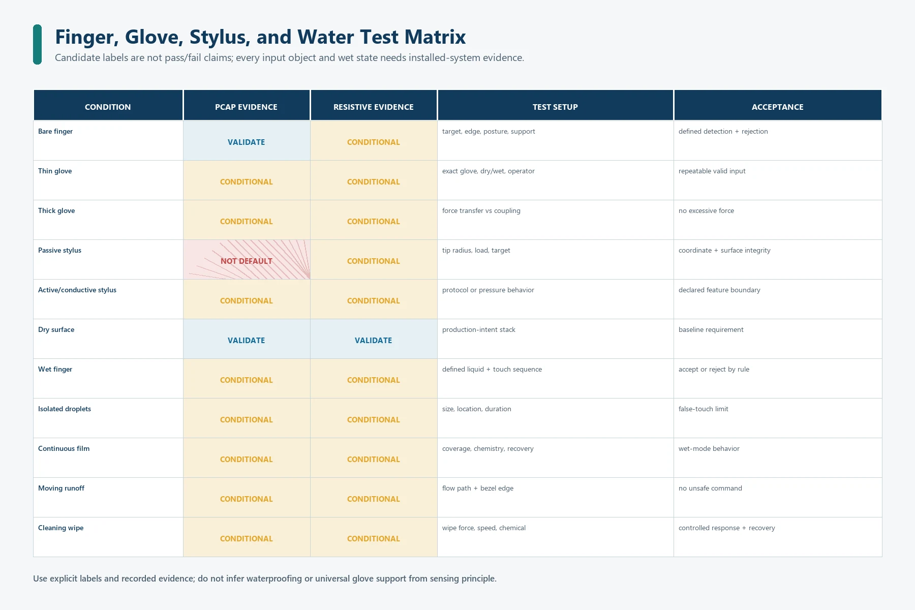 Touch-panel test matrix for finger, glove, stylus, droplets, water film, runoff, and wiping