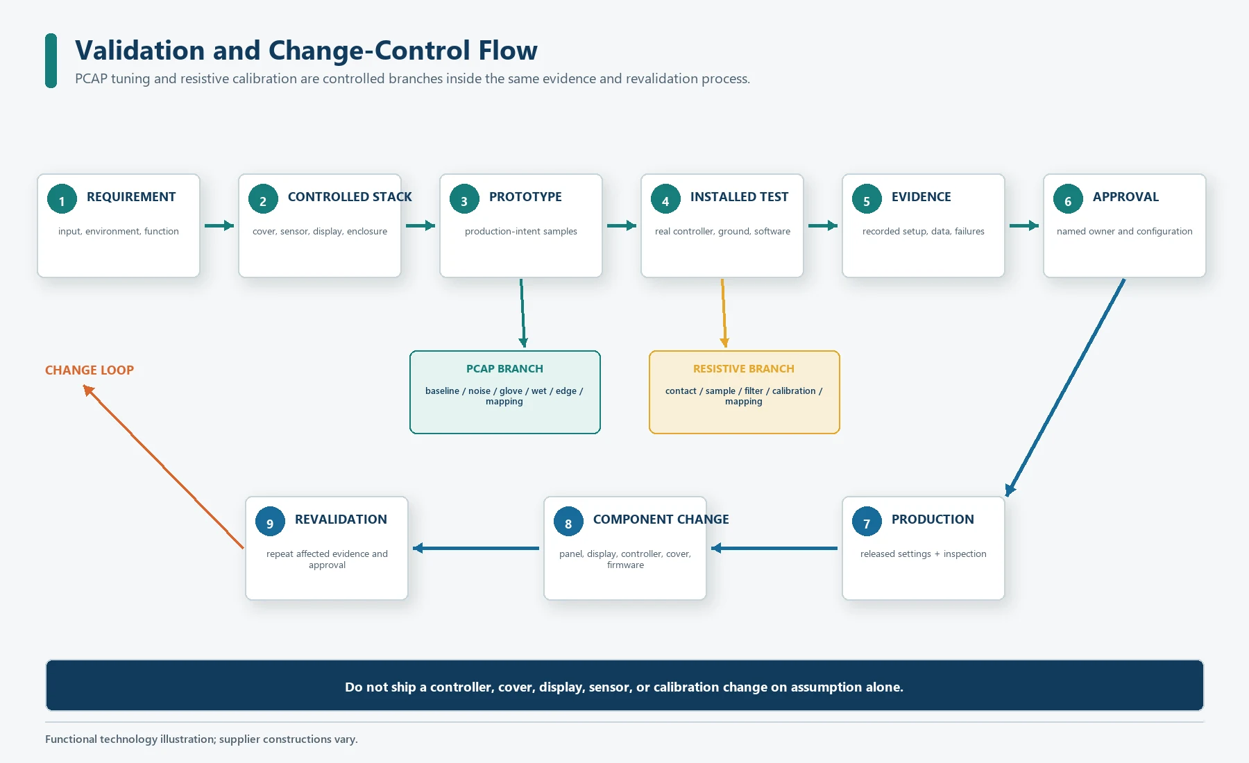 Validation and change-control flow for PCAP tuning and resistive touchscreen calibration