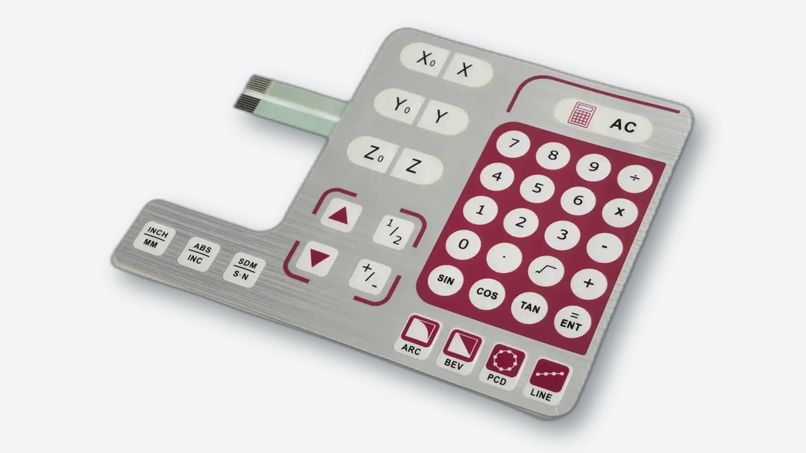 Custom membrane keypad with flexible circuit tail and printed control layout