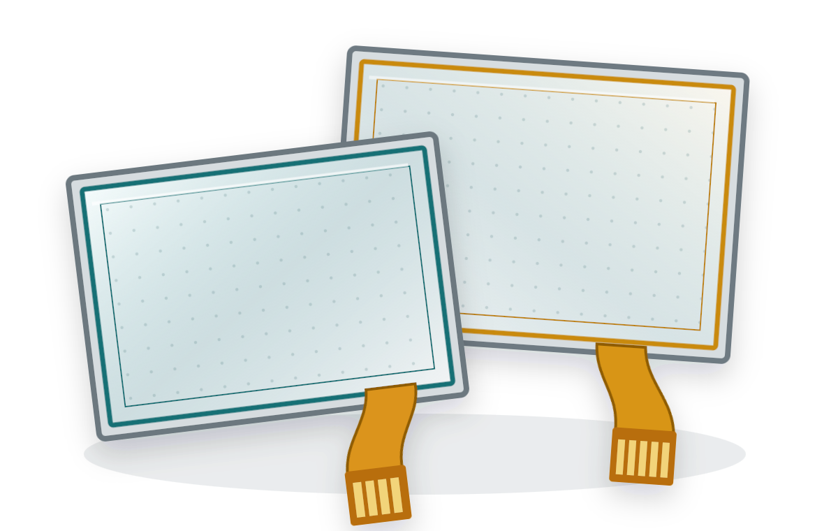 Technical illustration of 4-wire and 5-wire resistive touch panels with flex tails