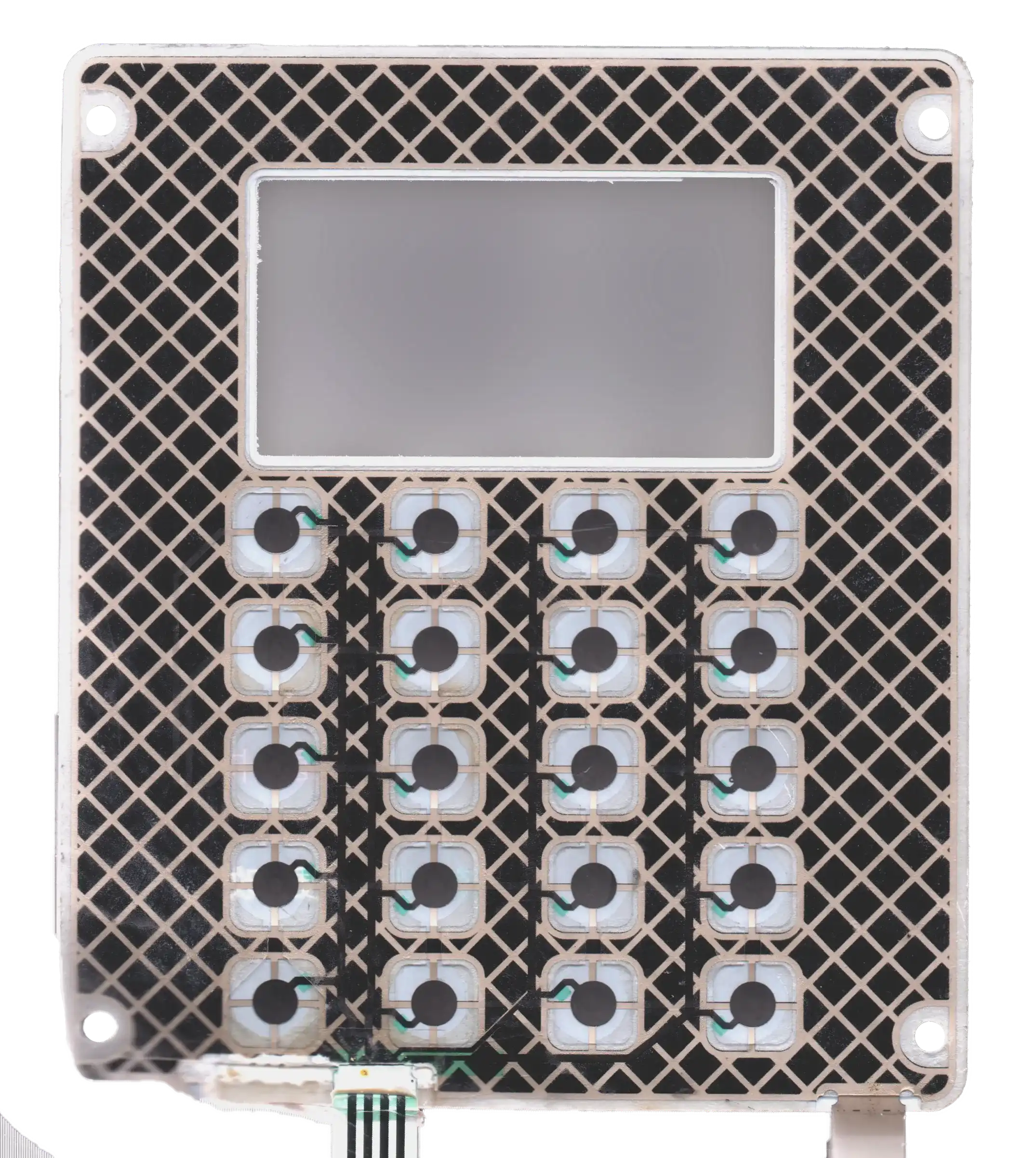 20-key membrane keypad assembly with a grid-pattern layer, display window and tail connections