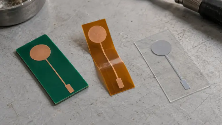 Rigid green, amber flexible and transparent film circuit samples with flat circular electrode areas and connection traces