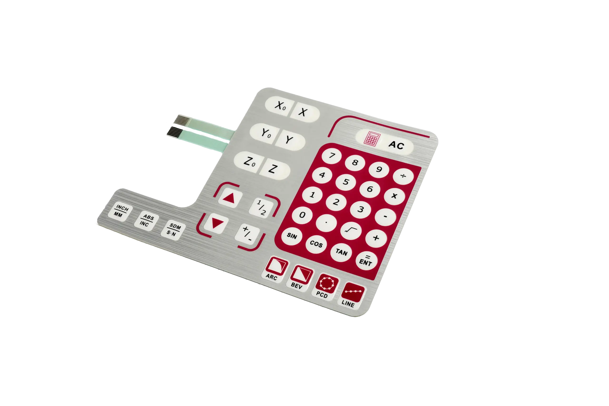 Custom membrane switch panel with numeric and function keys and two flexible connection tails