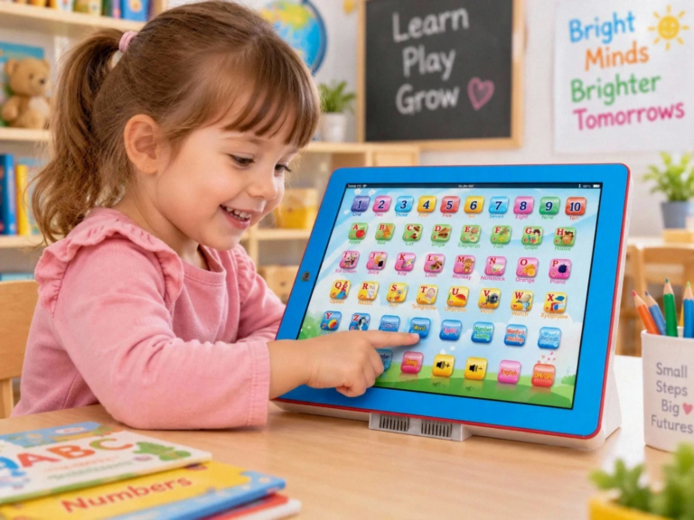 Application illustration of a child using an interactive educational learning panel