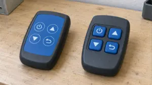 A flat blue membrane control face beside a revised bezel with raised blue keys in the same functional layout