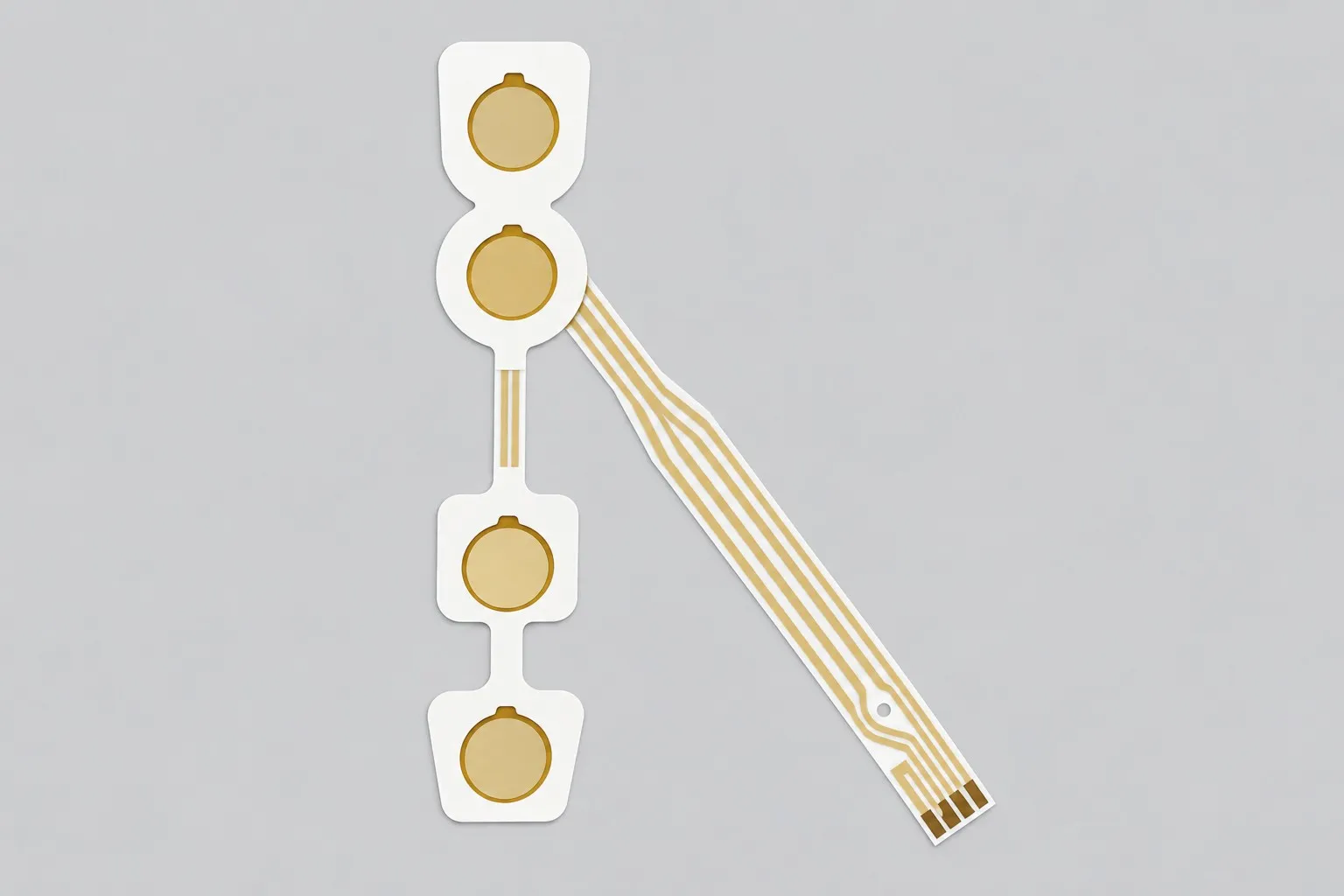 Four-electrode flexible printed TENS and EMS array with an angled connector tail