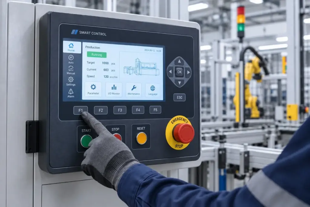 Application illustration of a gloved operator using an industrial control panel