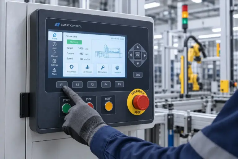 Application illustration of a gloved operator using an industrial control panel
