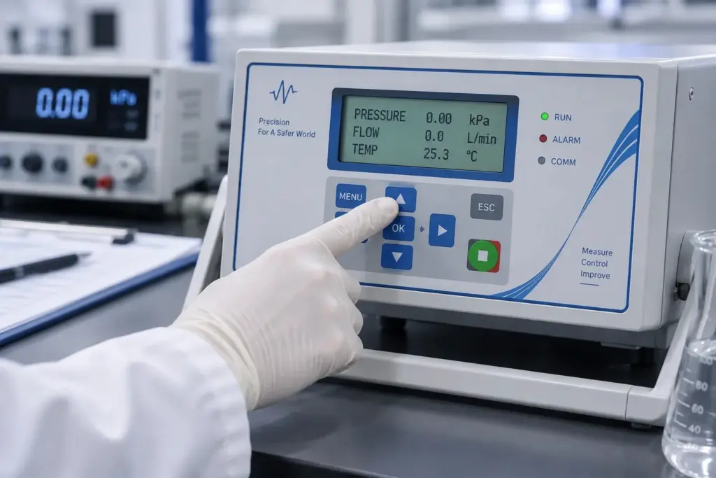 Application illustration of a laboratory instrument display and keypad operated with gloves
