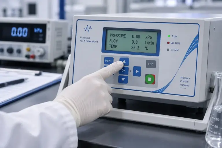 Application illustration of a laboratory instrument display and keypad operated with gloves