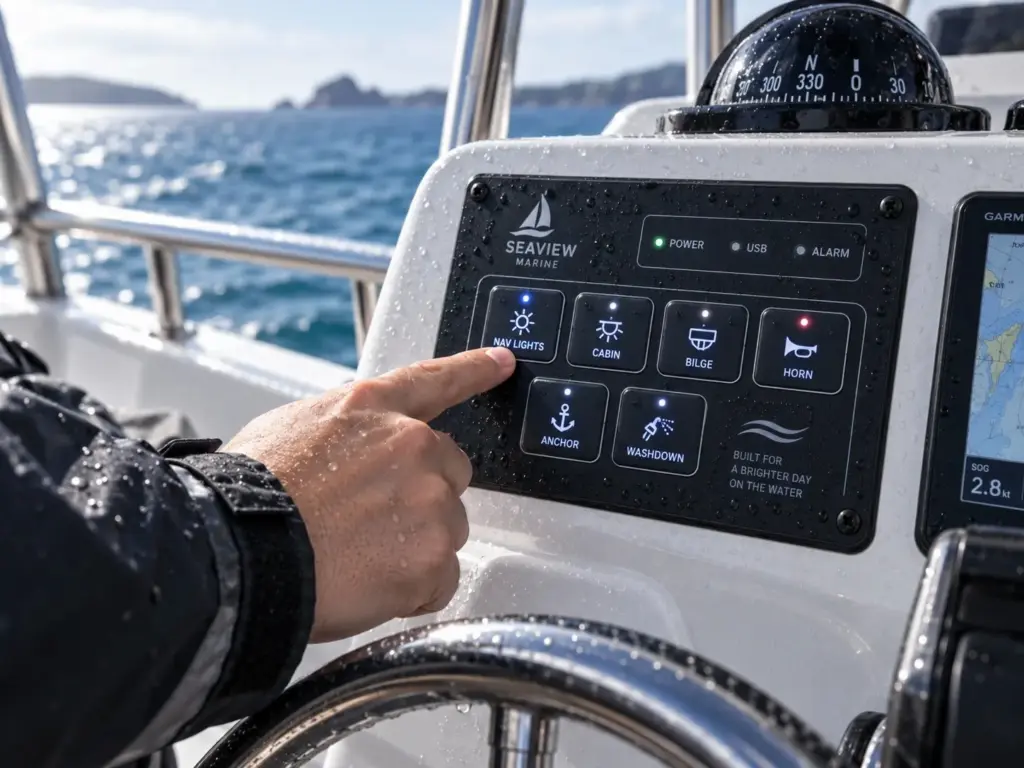 Application illustration of a boat control panel exposed to a wet marine environment