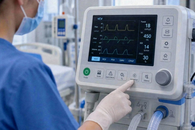 Application illustration of a clinician operating a medical ventilator control panel