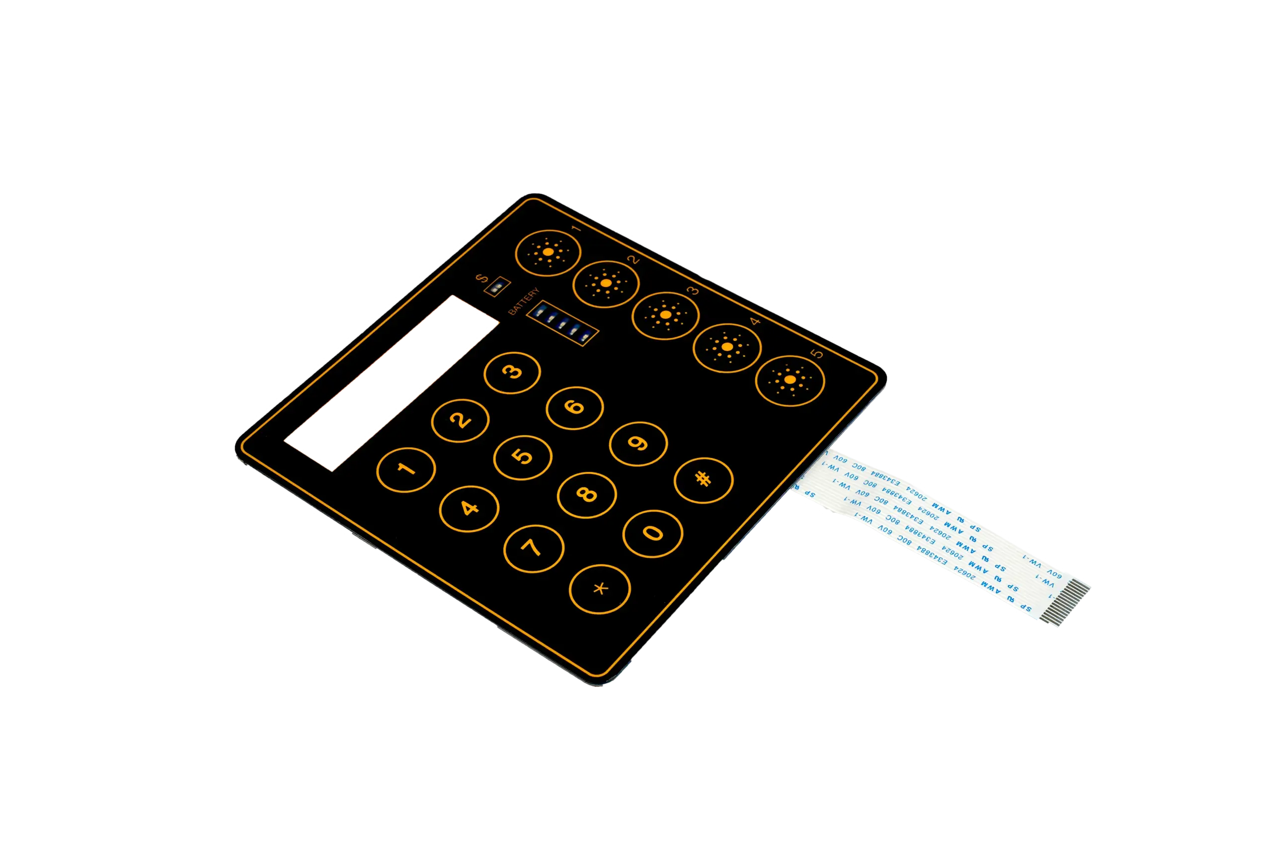 Black and yellow numeric membrane keypad with a display window and white cable