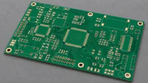 Unpopulated green PCB with exposed pads, traces, vias and mounting holes