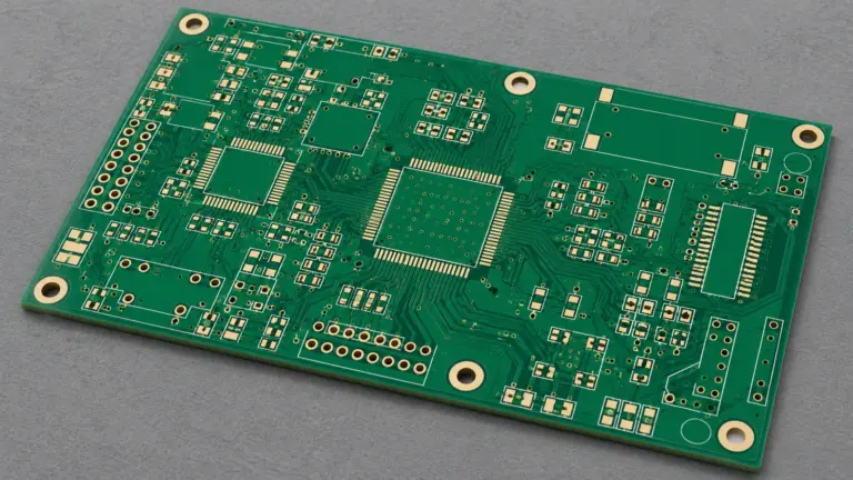 Unpopulated green PCB with exposed pads, traces, vias and mounting holes
