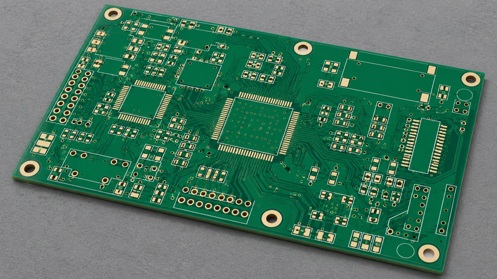 Unpopulated green PCB with exposed pads, traces, vias and mounting holes