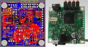 Circuit-board design layout beside its populated board with SMT and through-hole parts