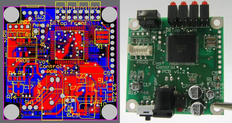 Circuit-board design layout beside its populated board with SMT and through-hole parts