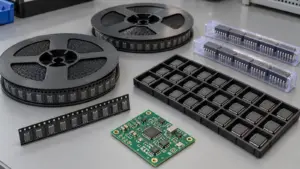Component reels, cut tape, IC trays and tubes beside a populated circuit board