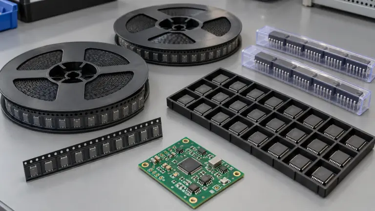 Component reels, cut tape, IC trays and tubes beside a populated circuit board
