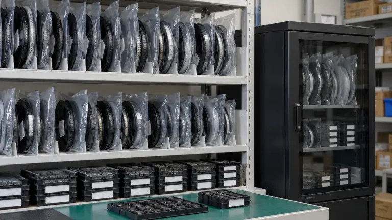 Component reels in bags and trays arranged inside a storage cabinet