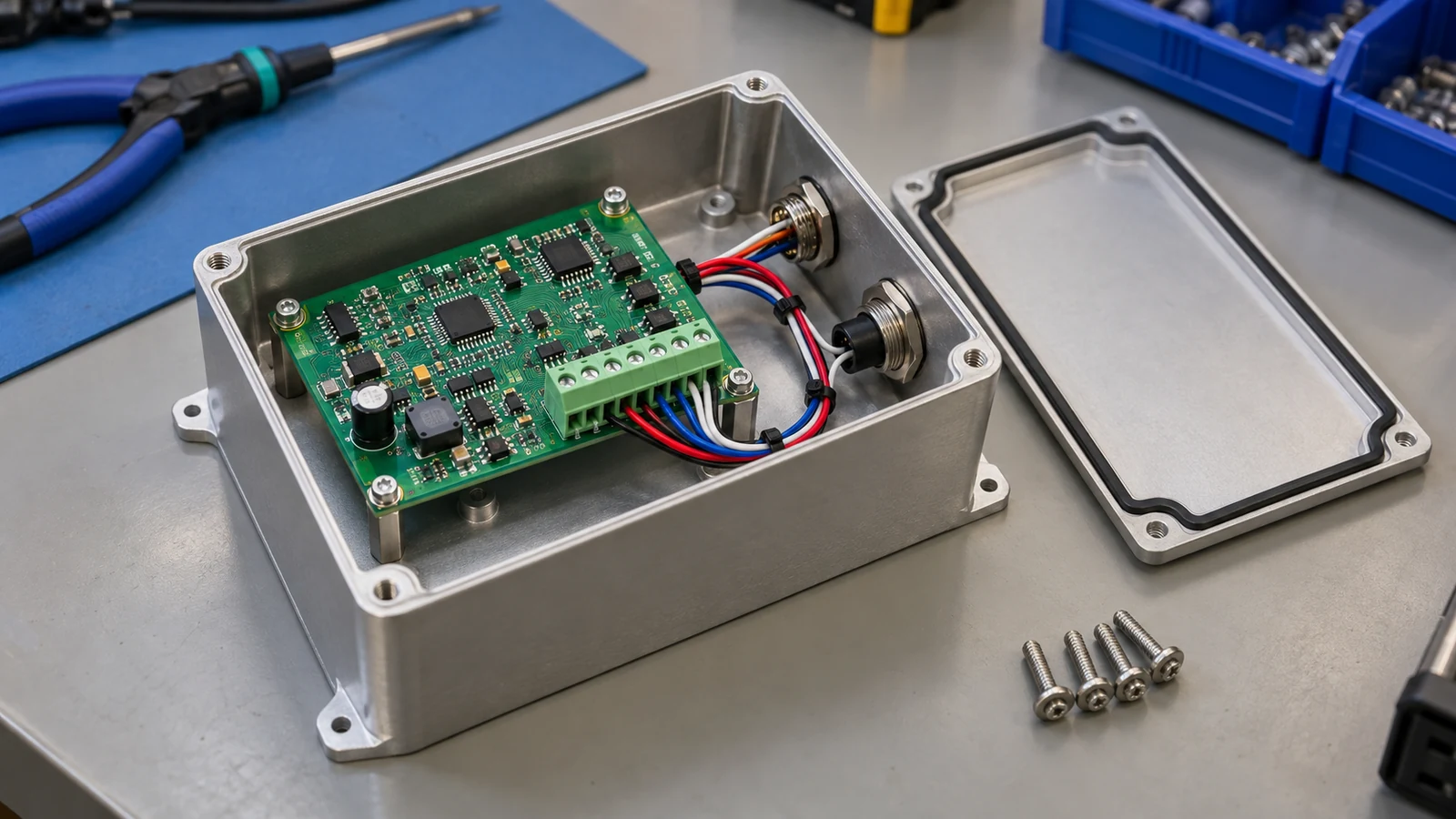 Conjunto de placa montado sobre soportes dentro de una carcasa abierta con cableado