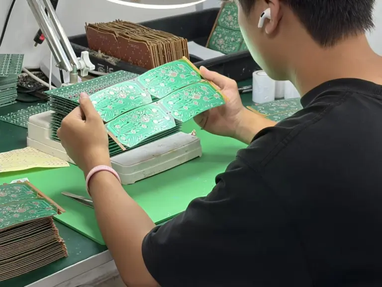Operator visually examining a circuit-board panel