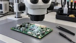 Populated circuit board beneath a stereo microscope at an inspection bench