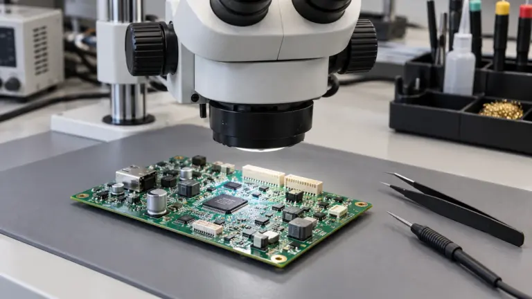 Populated circuit board beneath a stereo microscope at an inspection bench