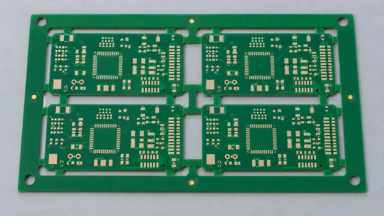 Four-board PCB panel with outer rails, routed openings and tooling holes