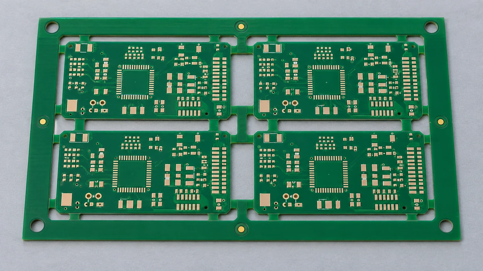 Four-board PCB panel with outer rails, routed openings and tooling holes